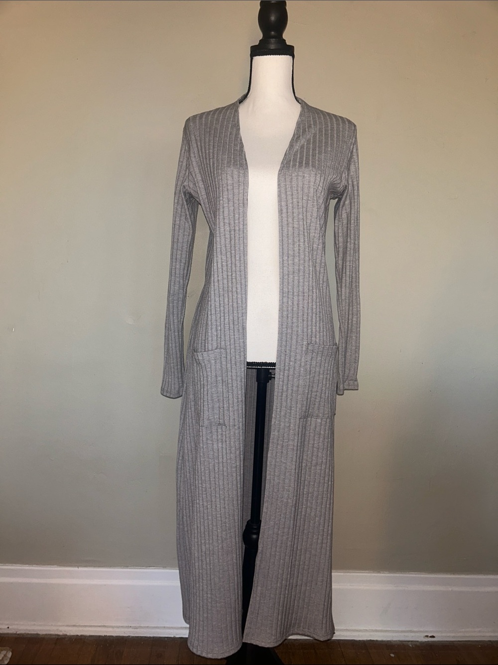 Jolie Long Open-Front Ribbed Cardigan - Light Gray